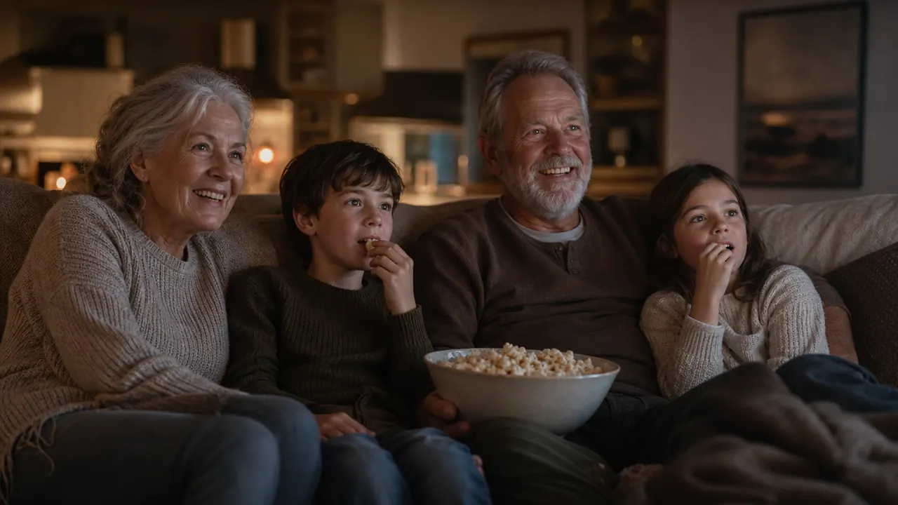 A family sitting on a couch with a big bowl of popcorn between them, movie playing on TV in the background