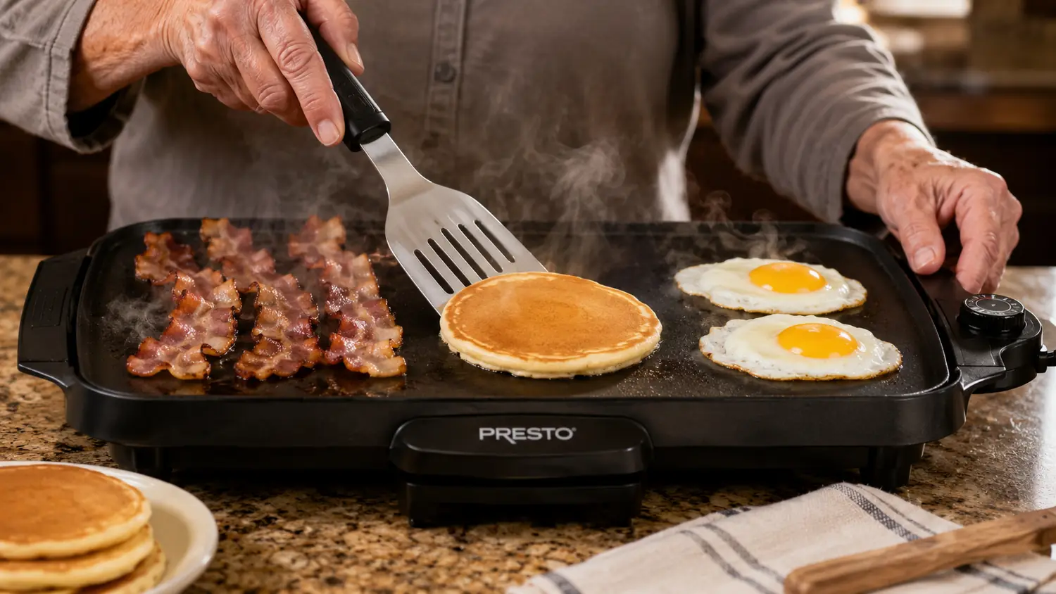 Hand using a spatula to flip pancakes on an electric griddle surface while bacon and eggs cook alongside