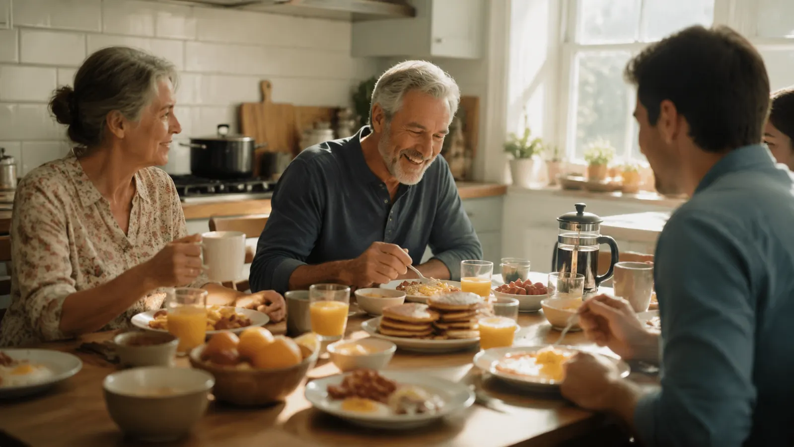 Family breakfast table full of plates with pancakes, eggs, and bacon, steam rising in warm morning light