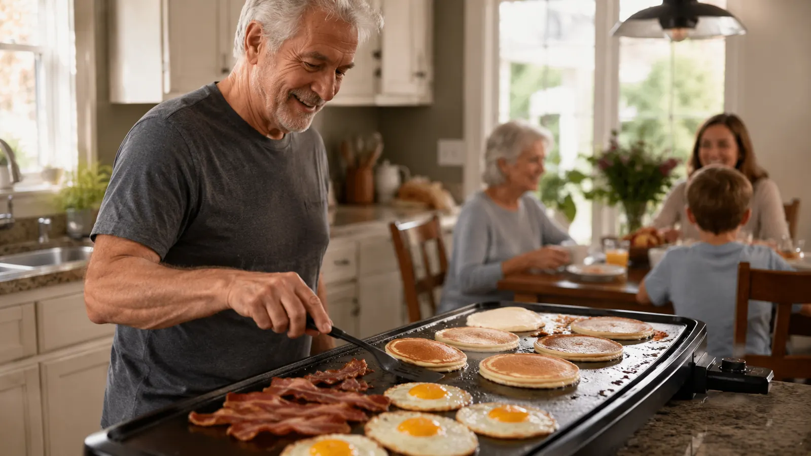 Sunlit kitchen counter with an electric griddle loaded with pancakes, bacon, and eggs, family seated at the table in the background