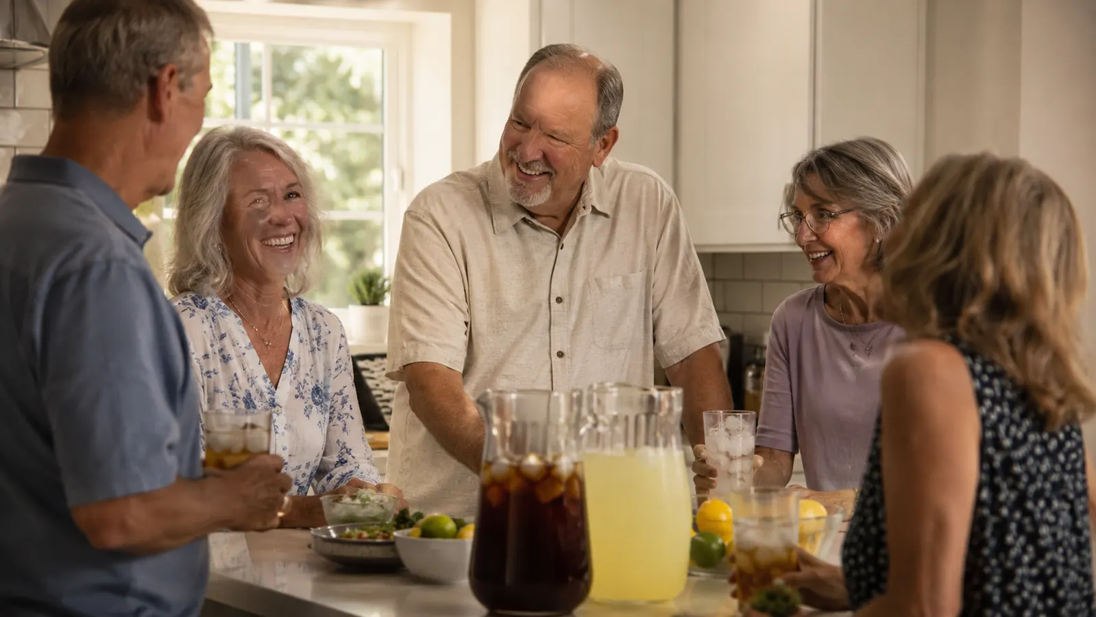 Family gathered around a kitchen island with pitchers of iced tea and lemonade over nugget ice