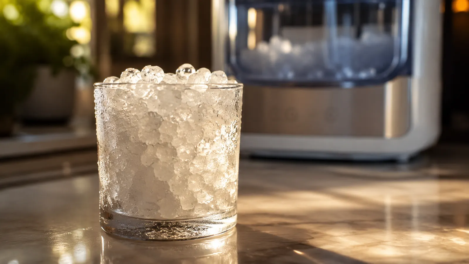 Glass of soft nugget ice next to a countertop nugget ice maker on a kitchen counter