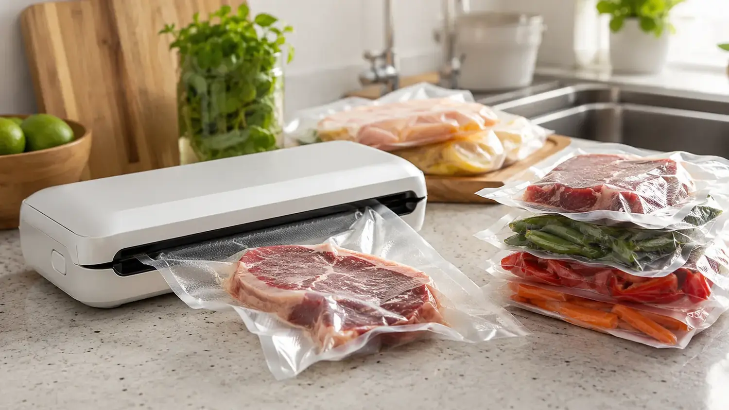 Kitchen counter with a white FoodSaver vacuum sealer next to neatly sealed bags of meat and vegetables ready for the freezer