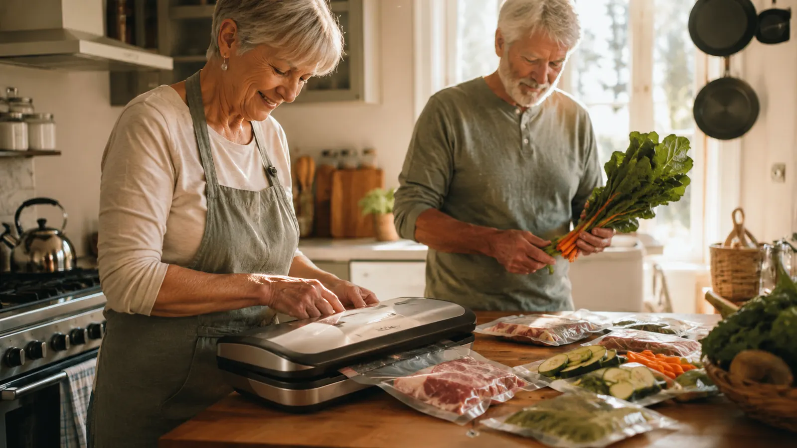 Retired couple's kitchen counter with a vacuum sealer and neatly sealed bags of vegetables, a chest freezer visible in the background