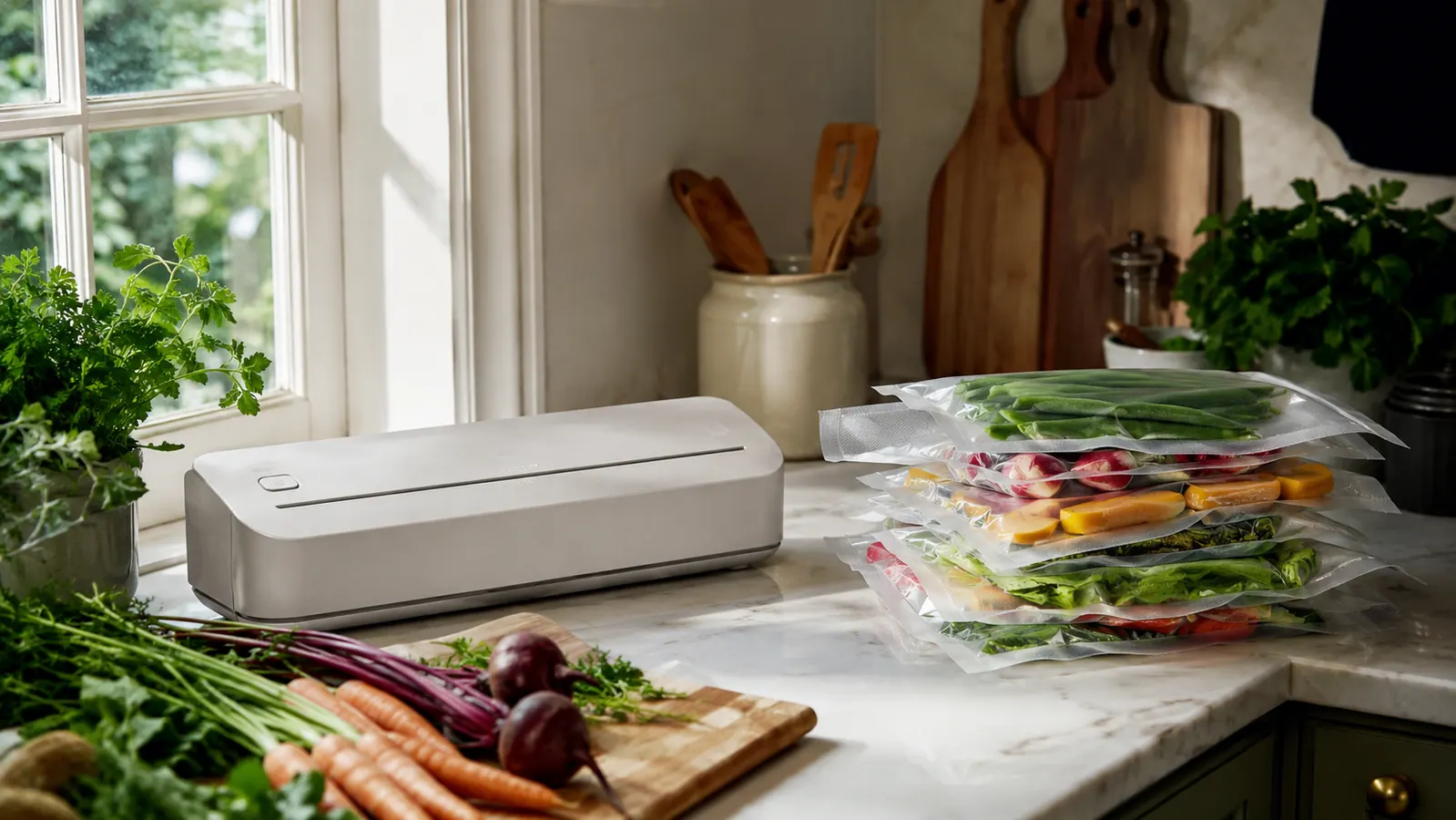 White FoodSaver Compact vacuum sealer sitting on a kitchen counter next to a bowl of garden tomatoes and a partial roll of bags