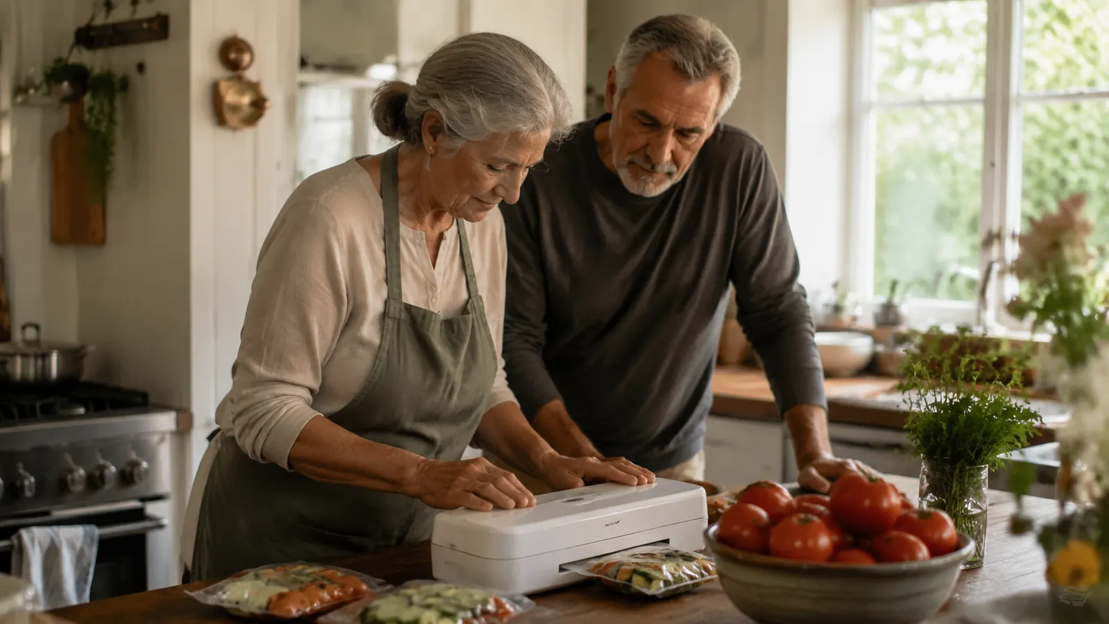 White FoodSaver Compact vacuum sealer sitting on a kitchen counter next to a bowl of garden tomatoes and a stack of sealed bags