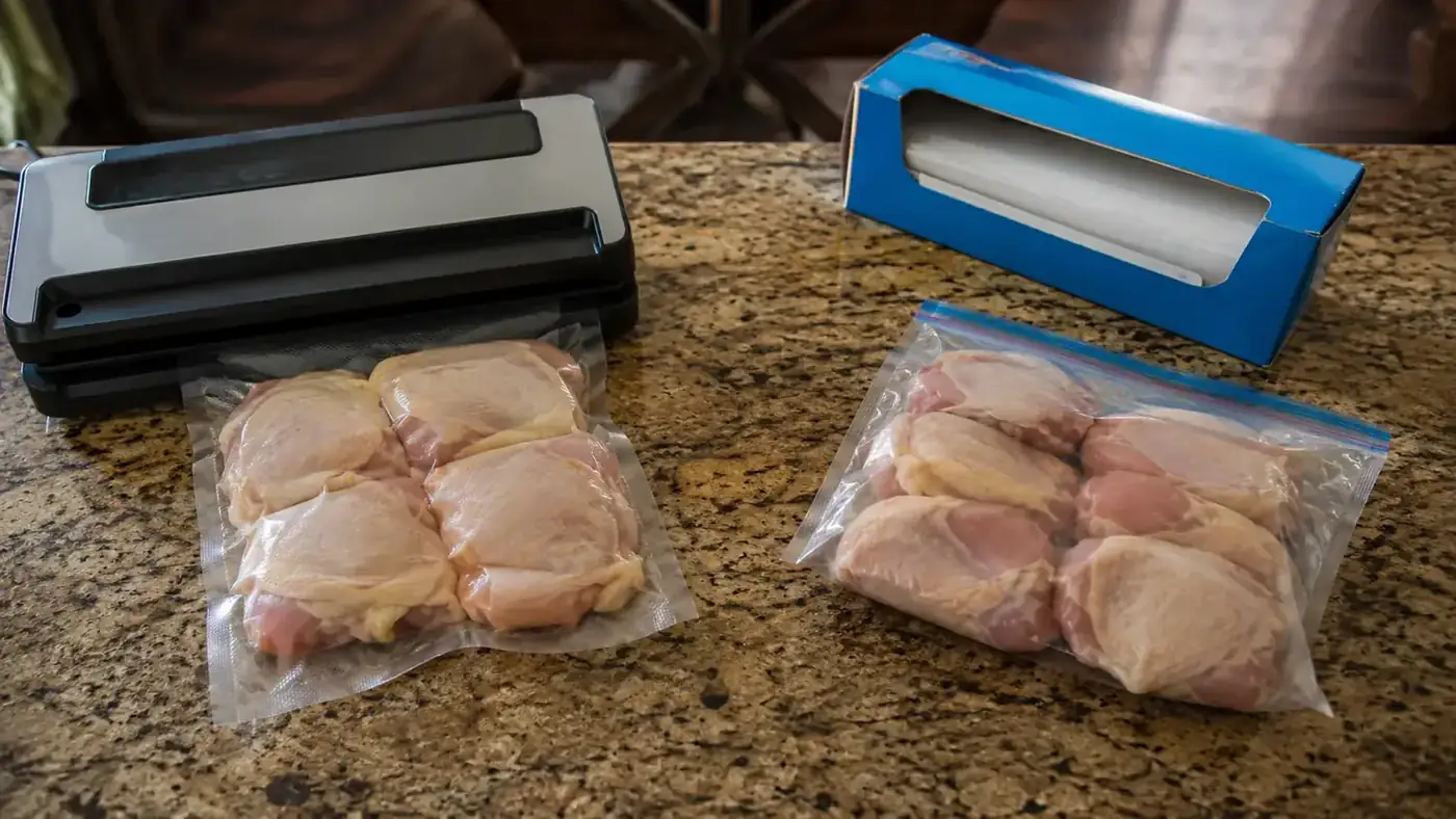A white FoodSaver vacuum sealer on a kitchen counter next to a stack of Ziploc freezer bags, both loaded with meat and vegetables ready for the freezer