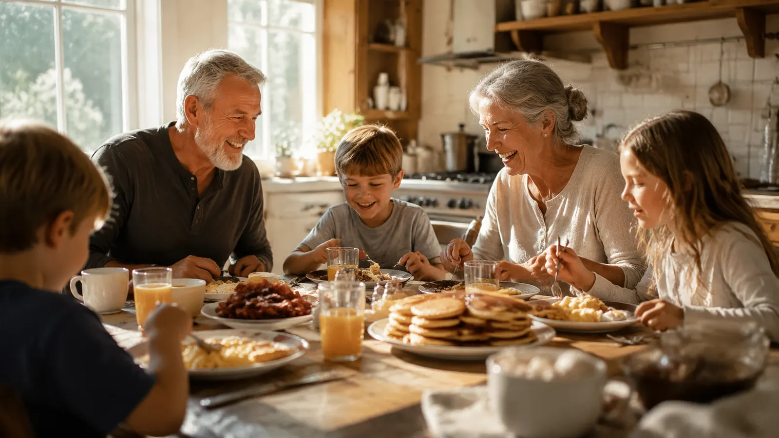 A family breakfast table full of pancakes, eggs, and bacon all served warm at the same time