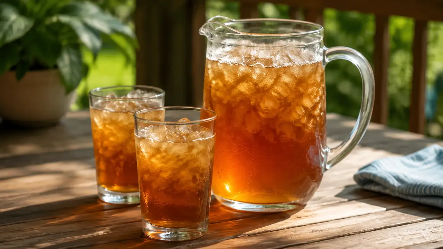 A glass pitcher of iced tea filled with soft chewable nugget ice sitting on a sunlit porch table