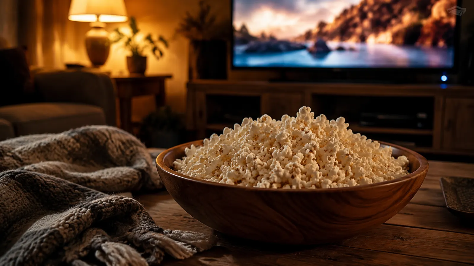 A big bowl of fluffy air-popped popcorn on a coffee table in front of a TV, with a family settling in for movie night
