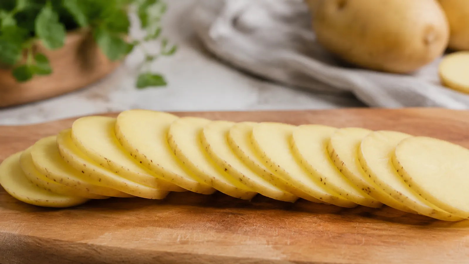 Perfectly even, paper-thin potato slices fanned out on a wooden cutting board