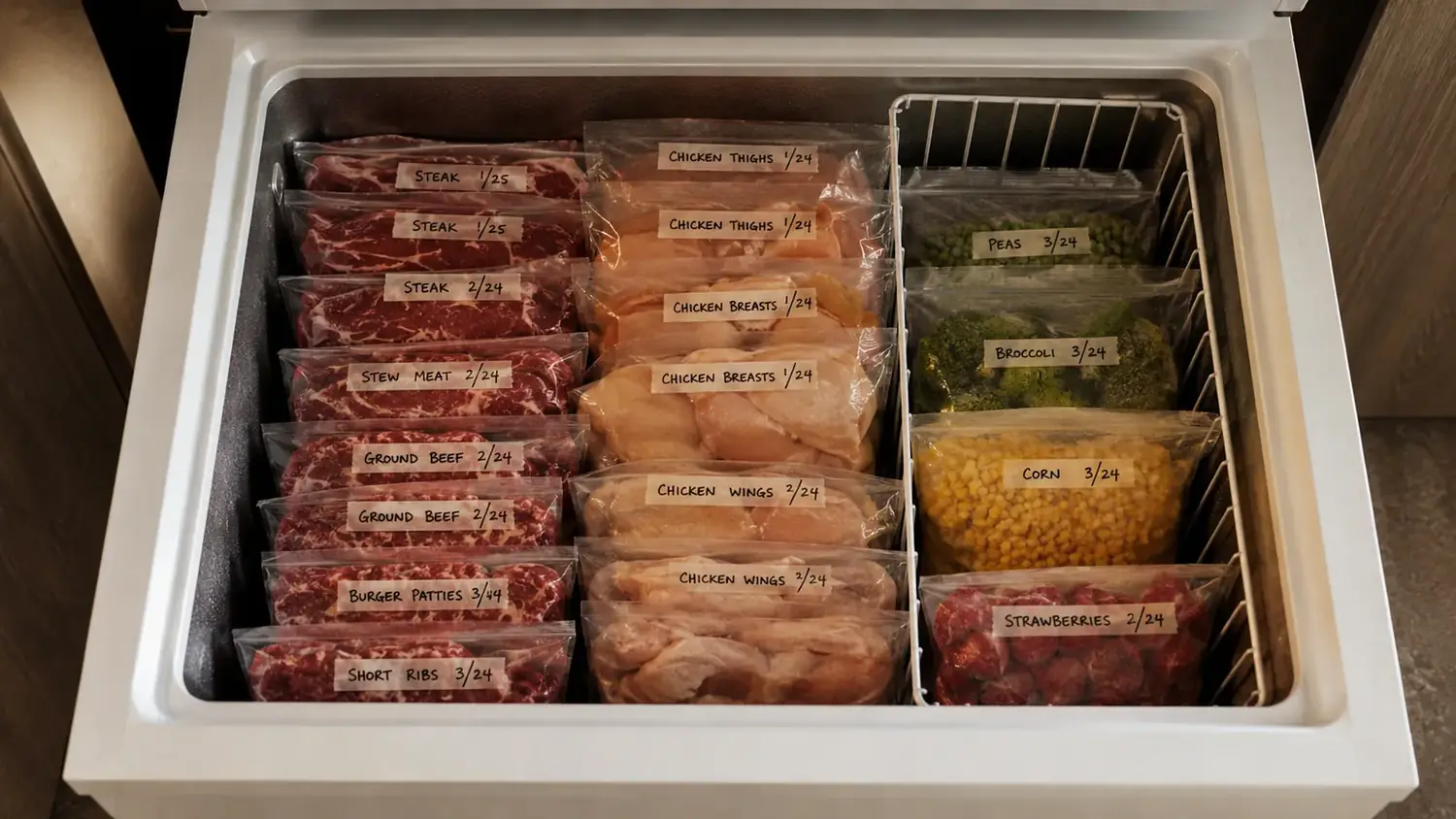 An open chest freezer drawer stacked neatly with flat, labeled, frost-free vacuum-sealed packages of meat