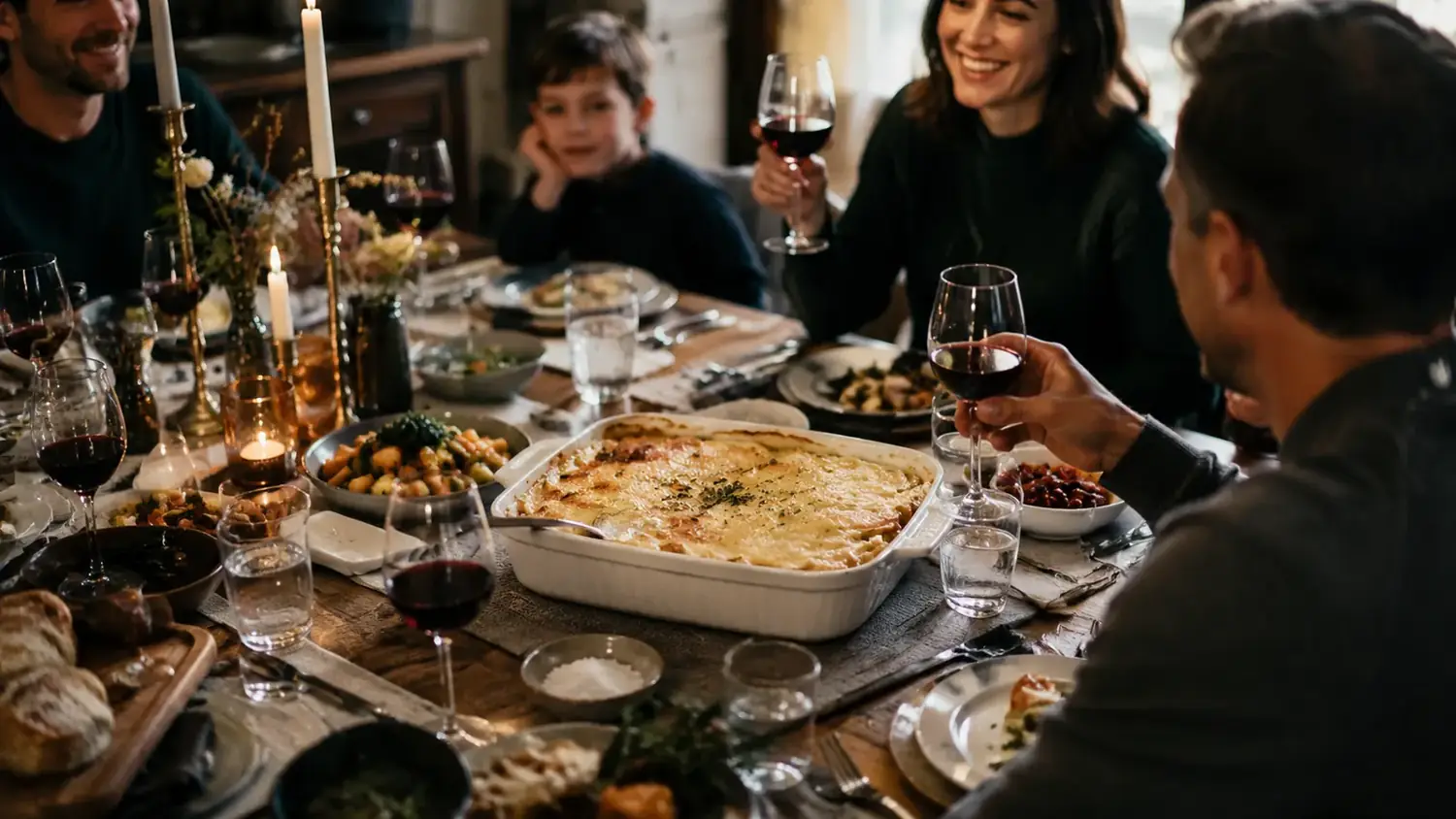 A warm holiday dinner table set for a large family gathering, steam rising off a golden scalloped potato casserole