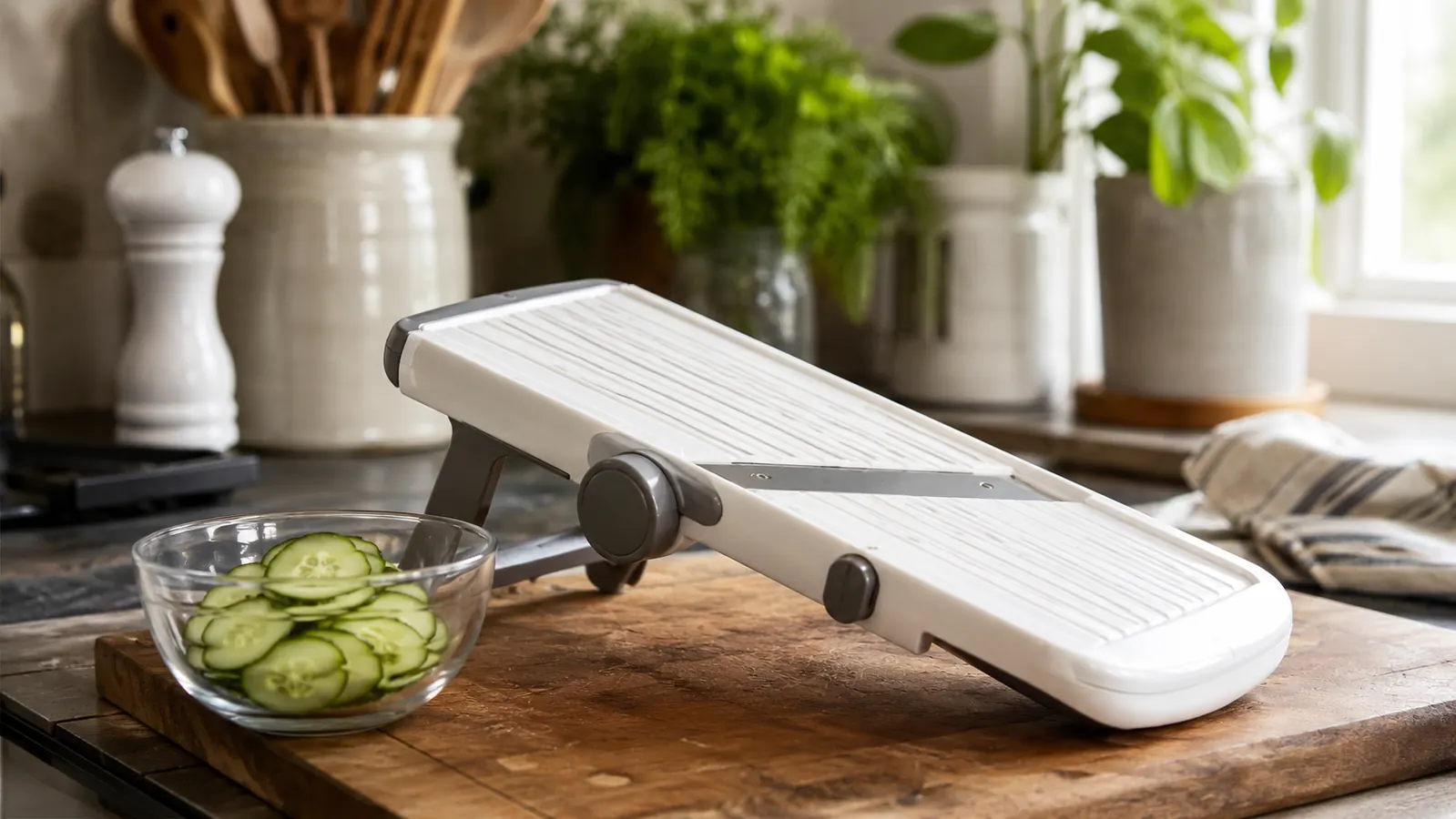 OXO mandoline slicer resting on a cutting board next to a bowl of thin cucumber slices