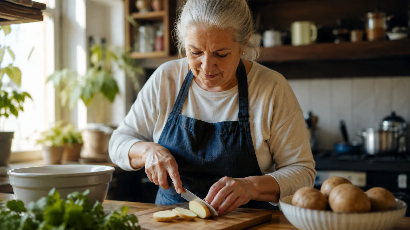 Home cook slicing potatoes into thin rounds with a handheld mandoline slicer on a wooden cutting board in a sunlit kitchen