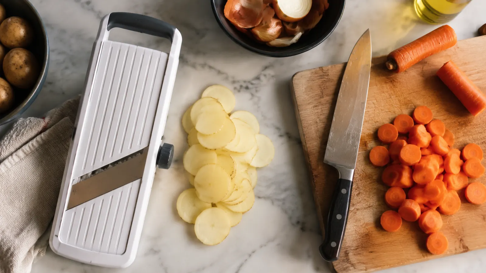An OXO Good Grips mandoline slicer and a chef's knife laid side by side on a wood cutting board with sliced potatoes and carrots