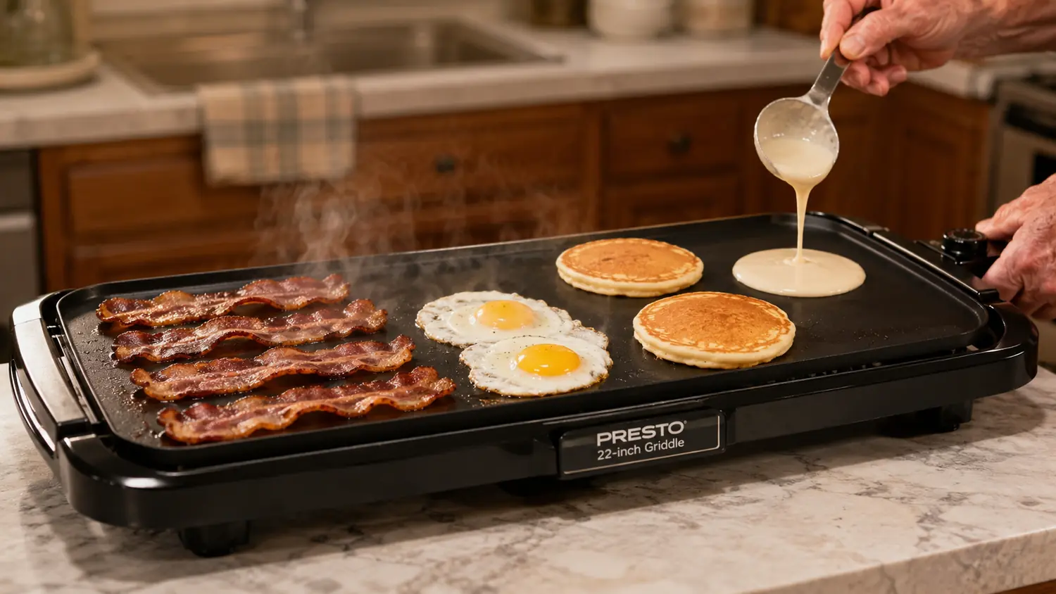 Hand pouring pancake batter onto a large black electric griddle already holding bacon and a run of scrambled eggs