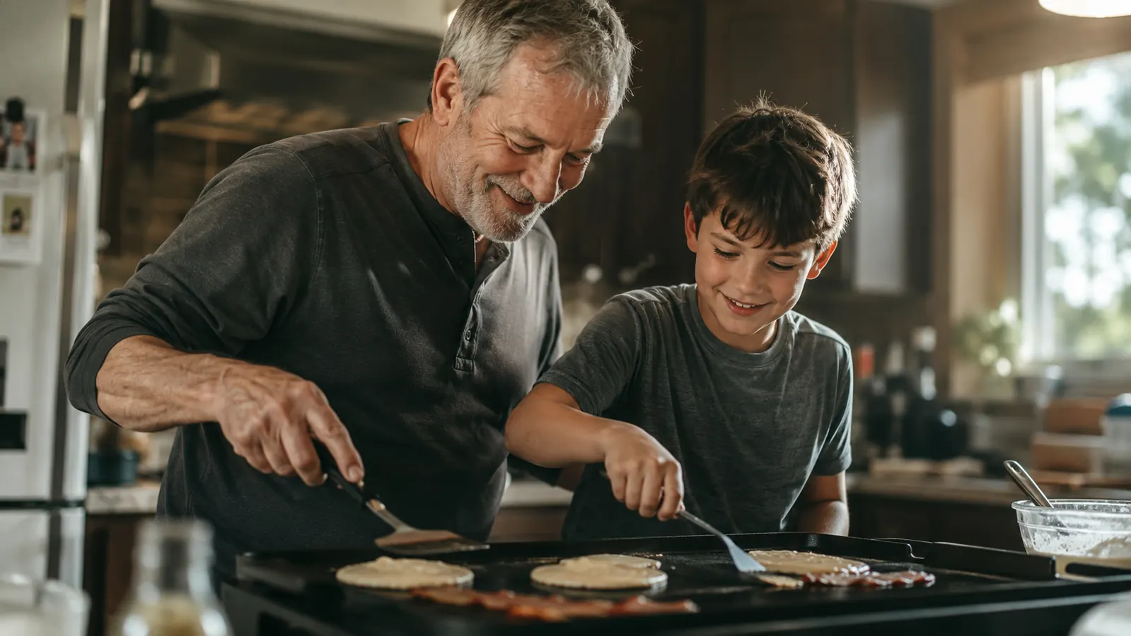 A nine-year-old boy and his grandfather standing side by side at the griddle, the boy holding a spatula