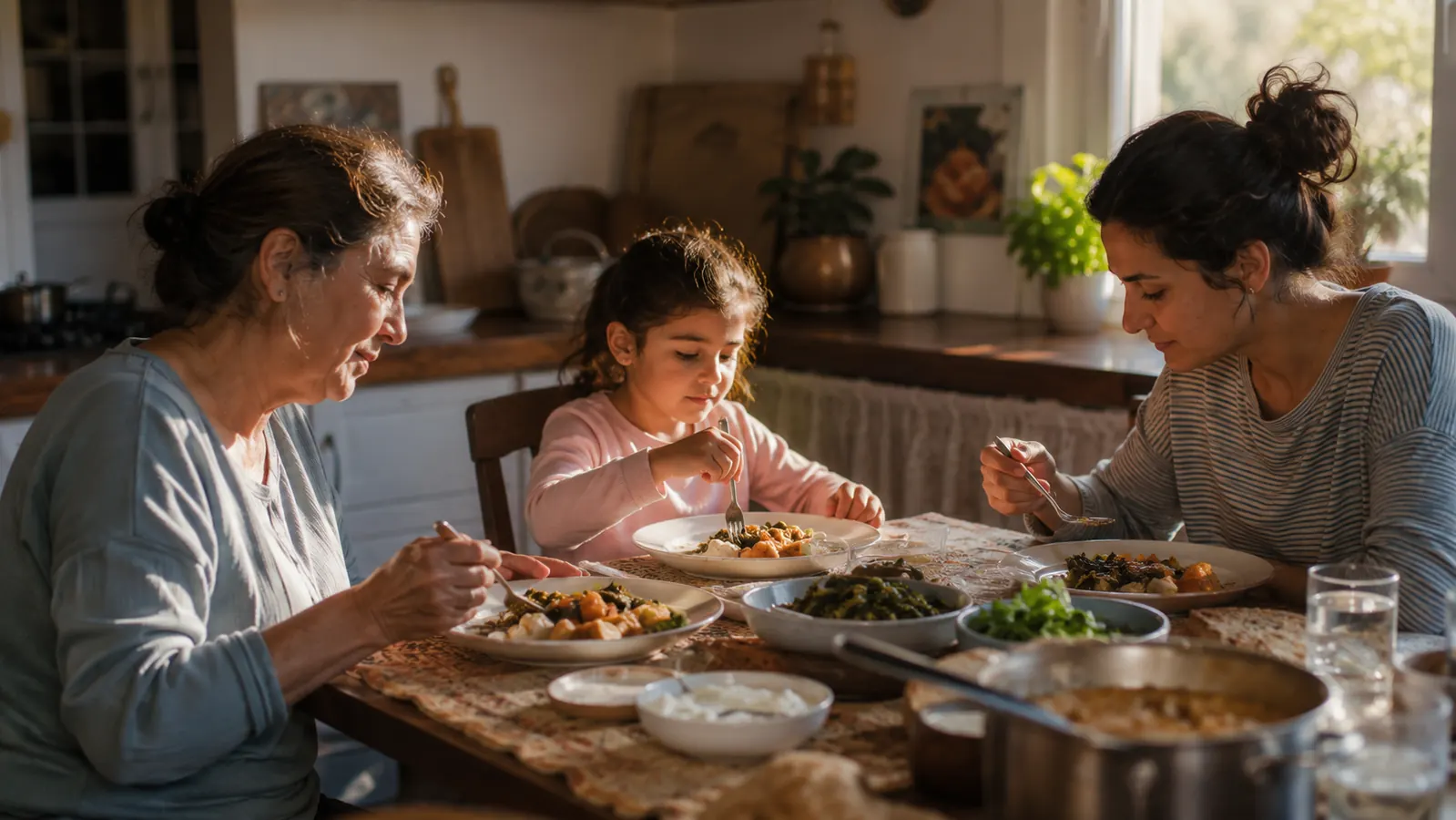 A family of six gathered around a kitchen table on a Sunday morning, plates of pancakes, bacon, and eggs steaming in front of them
