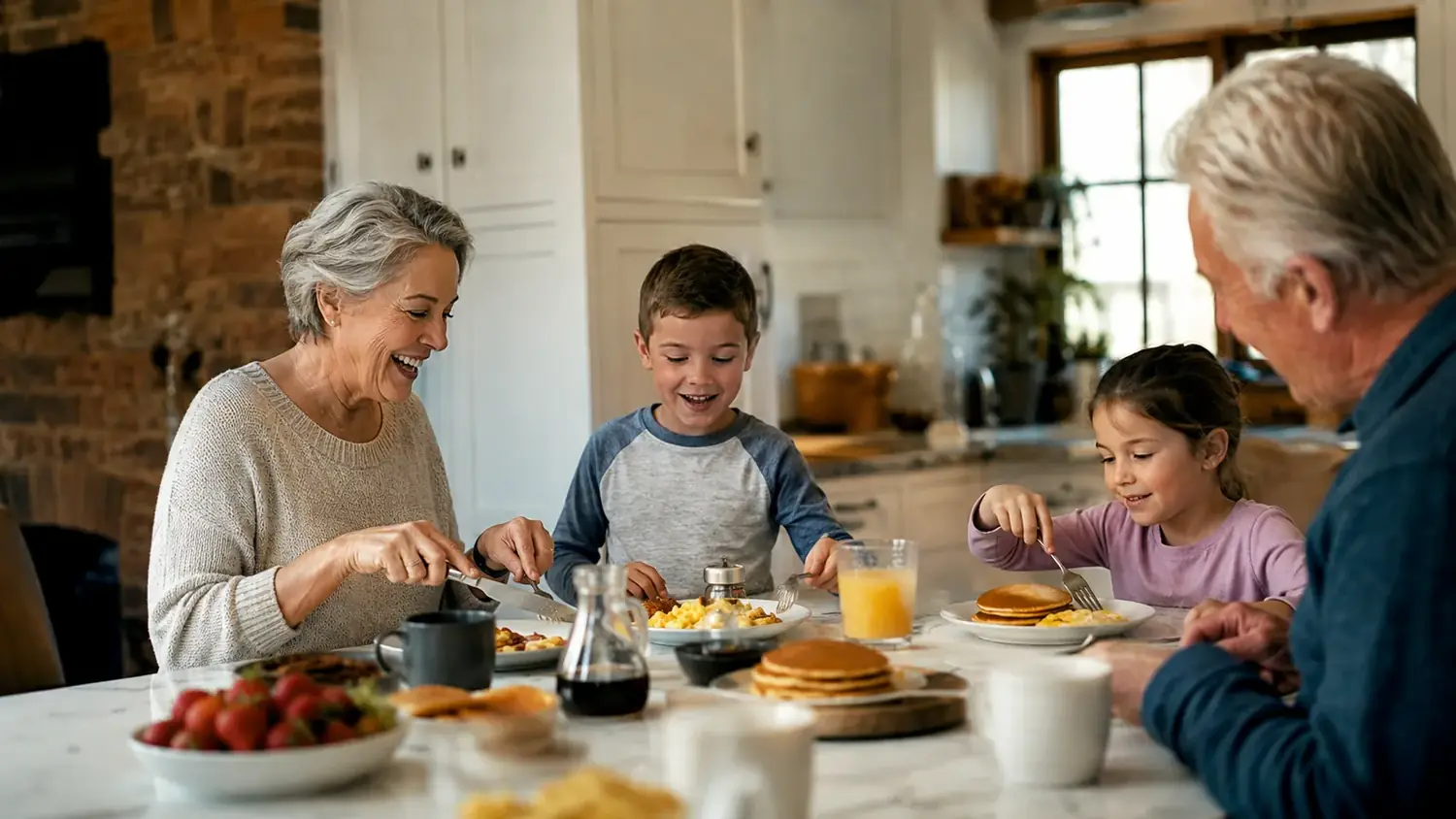 Family gathered around a kitchen island eating breakfast off the griddle on a weekend morning