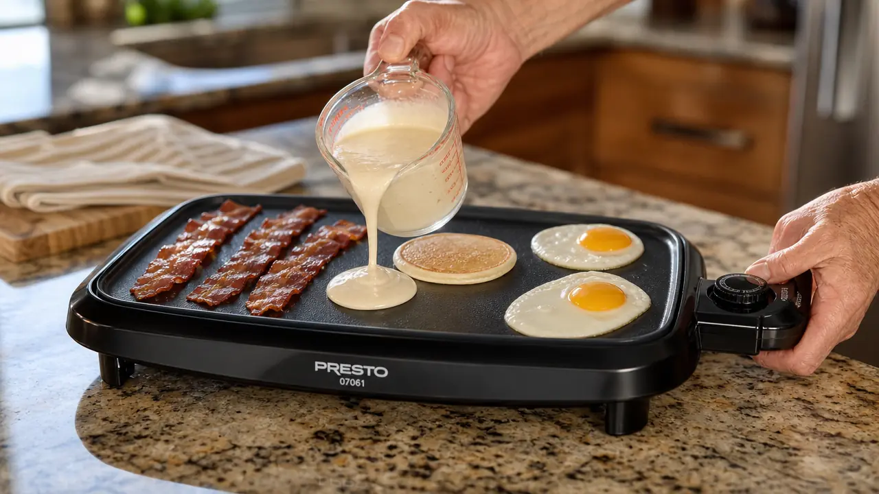 Hand pouring pancake batter onto the nonstick ceramic surface of the Presto electric griddle while bacon cooks on the other half