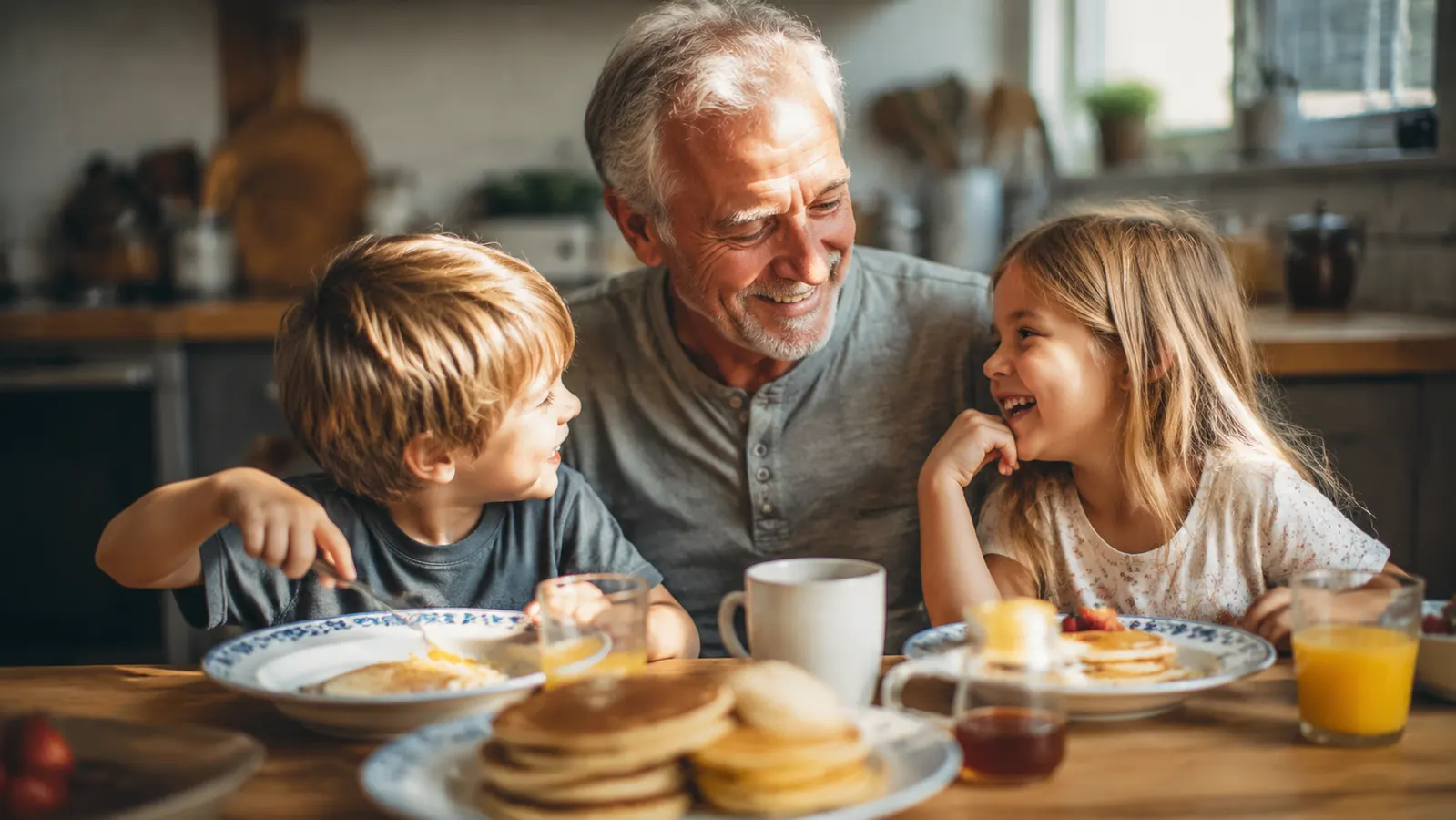Grandfather and two grandchildren eating pancakes together at a kitchen table on a Saturday morning