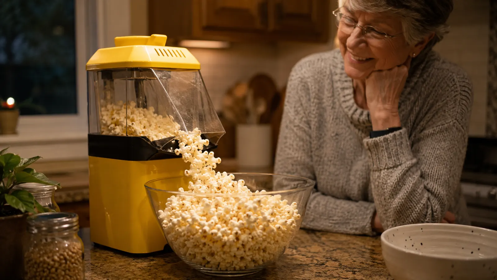 Yellow Presto Poplite popcorn popper on a kitchen counter with a bowl of freshly popped popcorn beside it