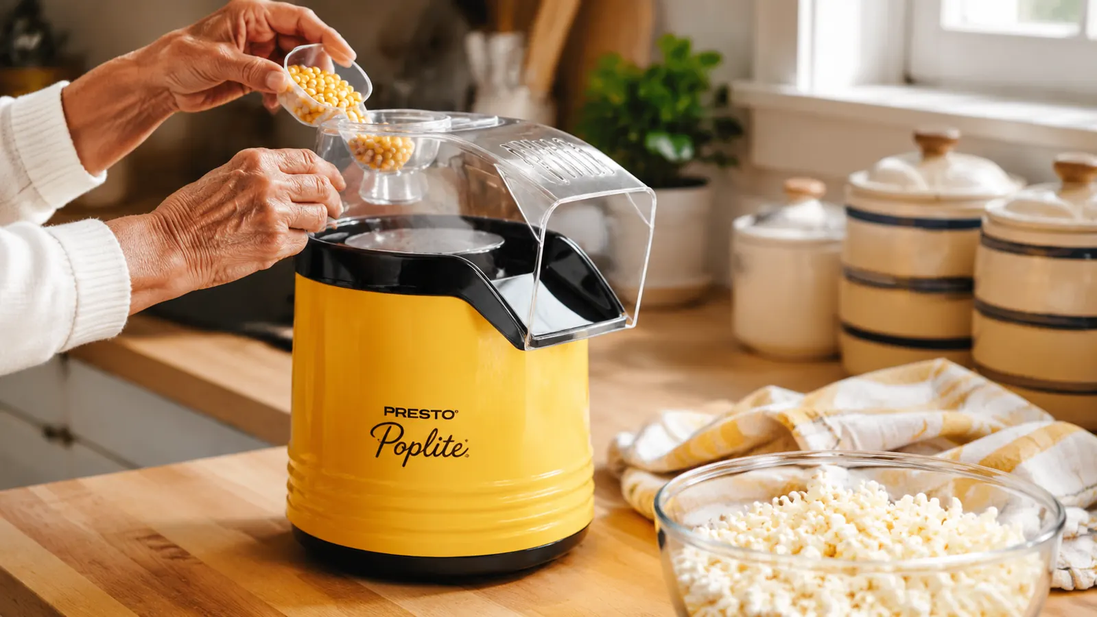 Hands pouring popcorn kernels into the measuring cup lid of a yellow hot air popcorn popper on a kitchen counter