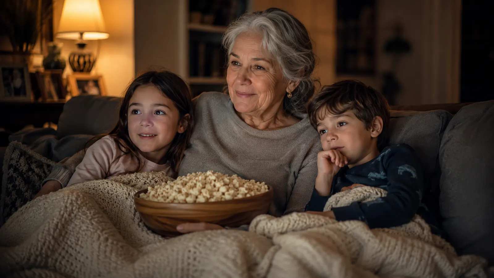 Grandmother and two young grandchildren sitting close together on a couch under a blanket, a big bowl of popcorn between them, television glow lighting their faces