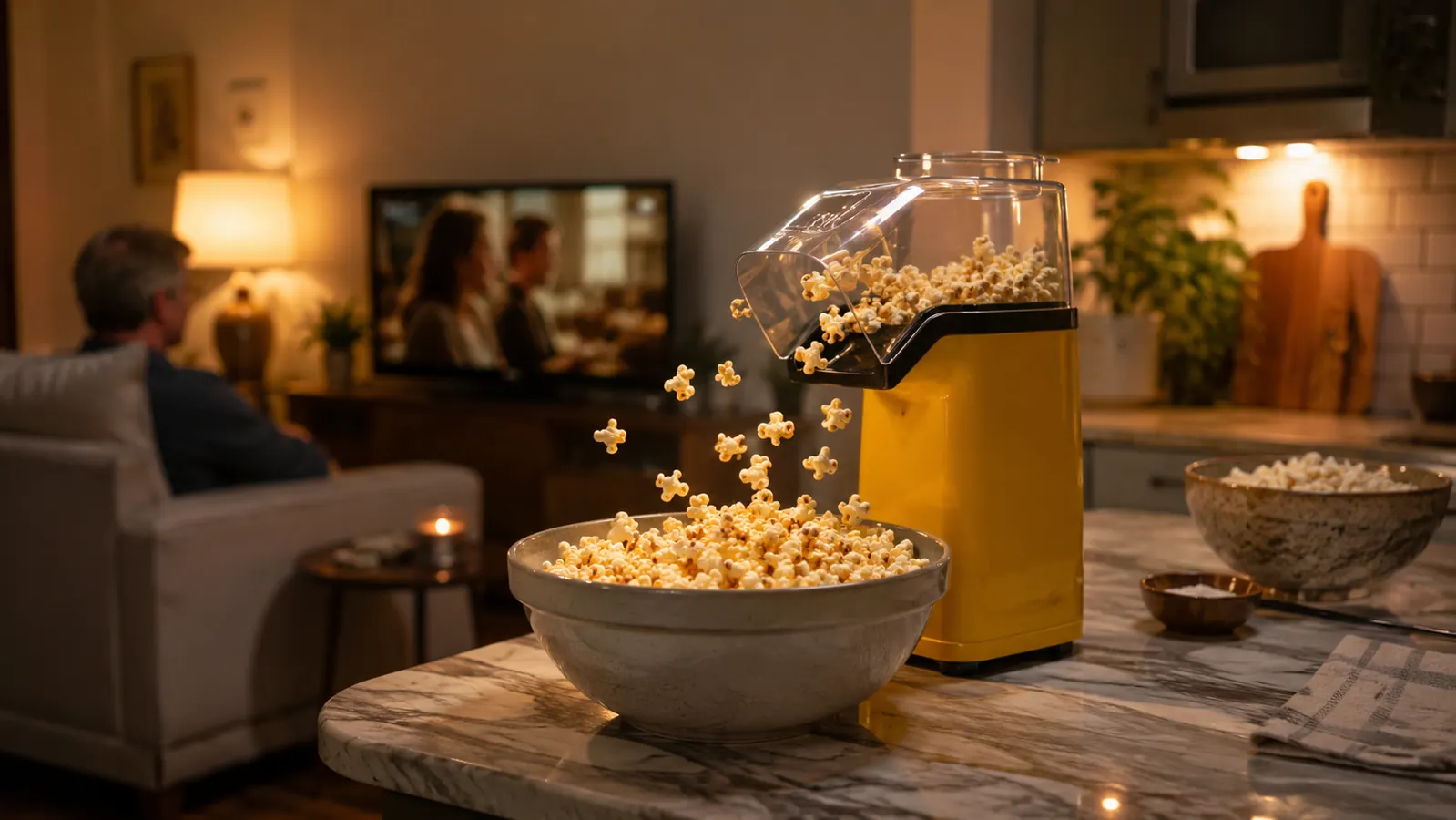 Presto Poplite hot air popcorn popper on a kitchen counter with a bowl of freshly popped popcorn beside it