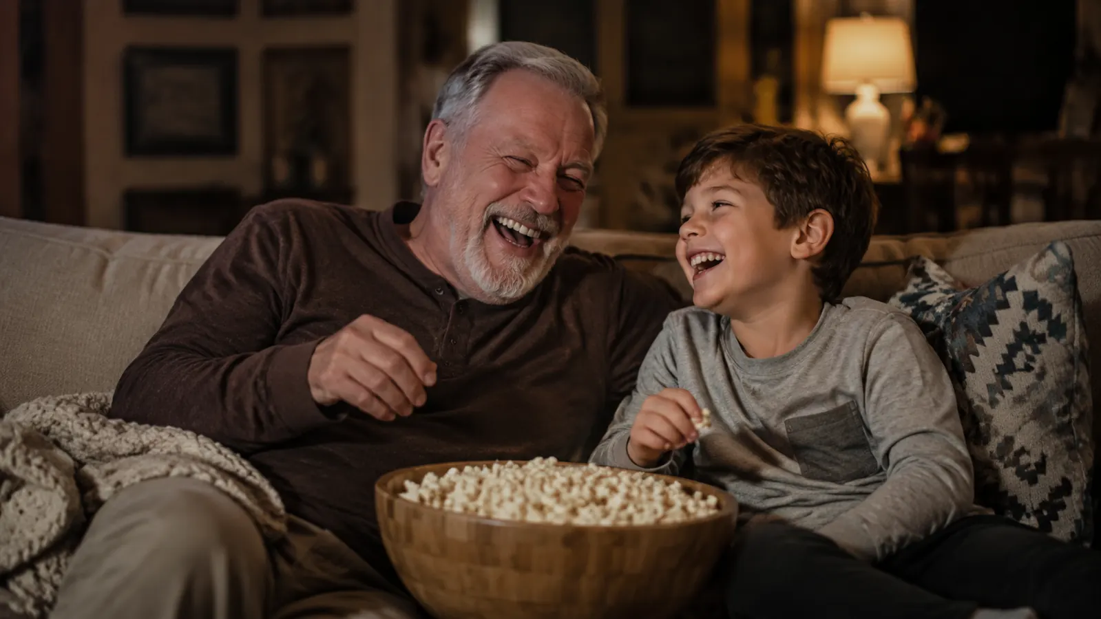 Grandfather and grandson sharing a large bowl of popcorn on the couch in front of a TV on movie night
