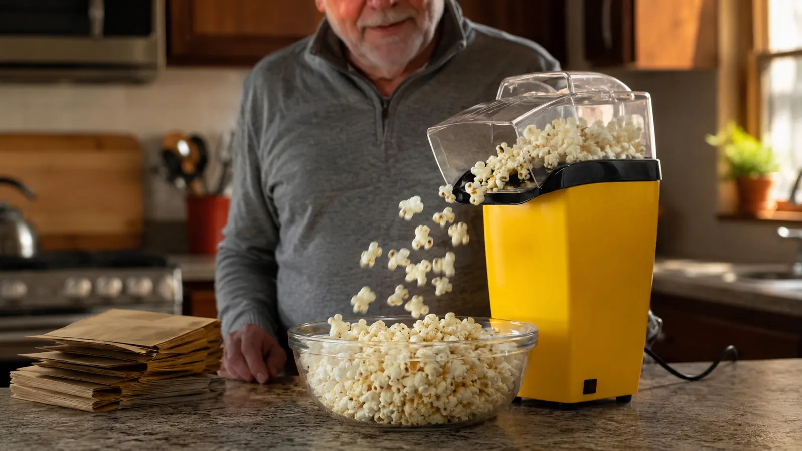 A yellow Presto hot air popcorn popper on a kitchen counter next to a wooden bowl overflowing with freshly popped popcorn, evening light through the window