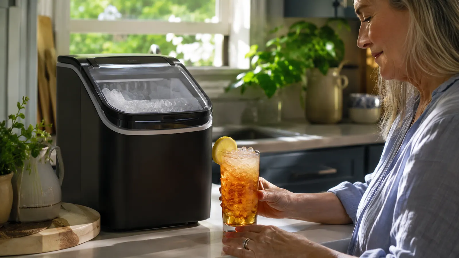 Silonn nugget ice maker sitting on a kitchen counter next to a glass filled with chewable pellet ice