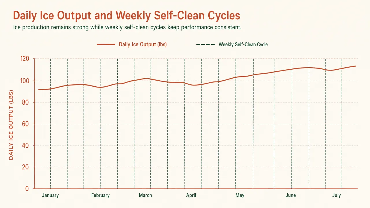 Line chart showing daily ice output in pounds and self-clean cycle frequency over 6 months