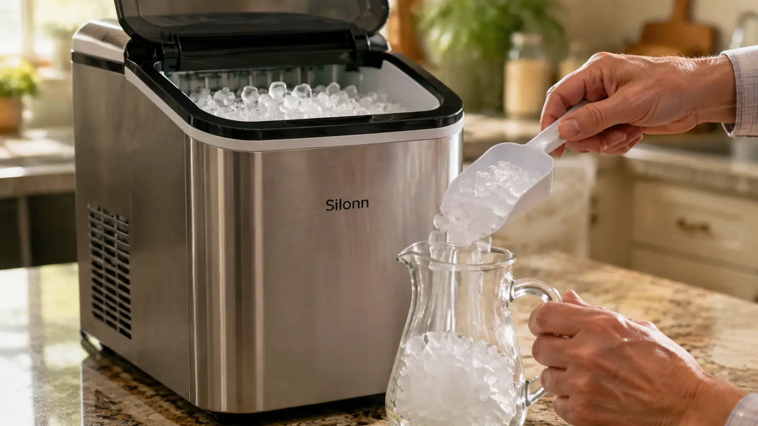 Hand scooping soft chewable nugget ice from the Silonn ice maker into a glass pitcher on a kitchen counter