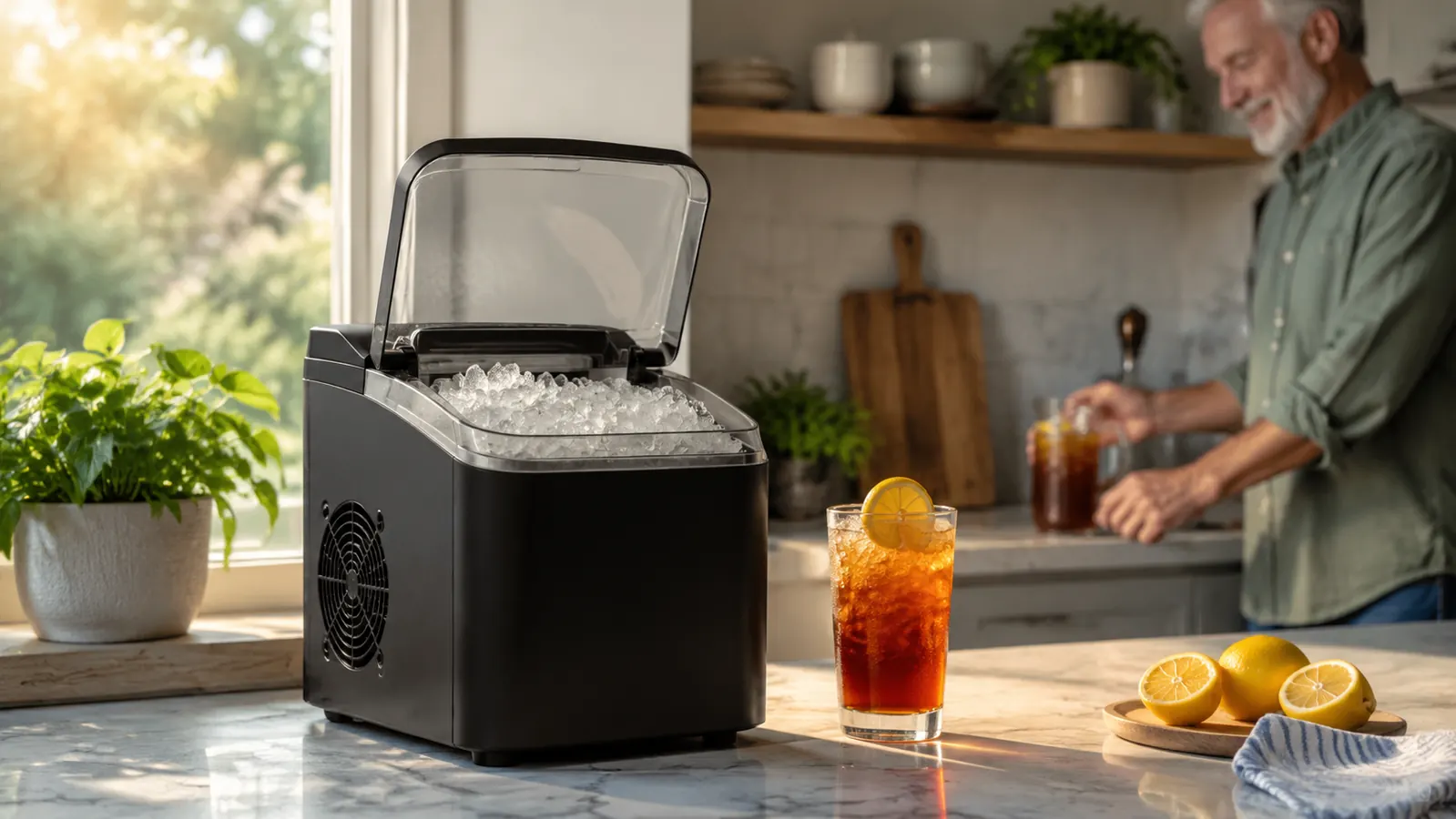 Silonn countertop nugget ice maker on a kitchen counter next to a glass of iced tea, morning light